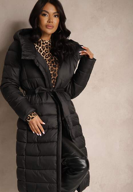 Czarna Długa Kurtka Pikowana z Paskiem Mocno Ocieplana Calsemi