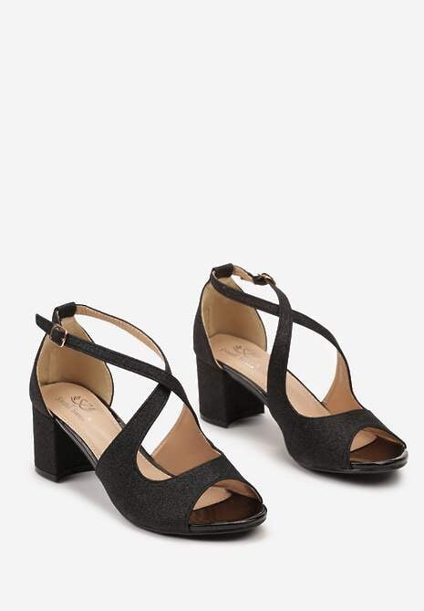 Czarne Brokatowe Sandały na Słupku ze Skrzyżowanymi Paskami Sarysetta