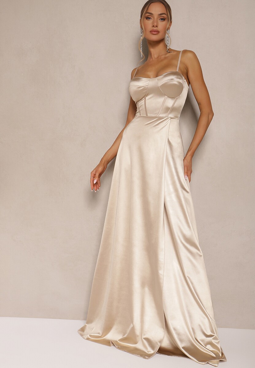 Beżowa Sukienka na Ramiączkach o Rozkloszowanym Kroju z Wiązaniem na Plecach Katirione