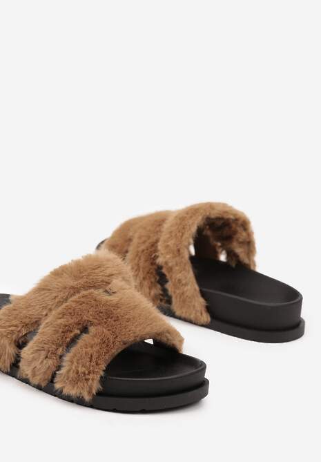 Brązowe Futrzane Klapki na Podeszwie z Pianki Balinea