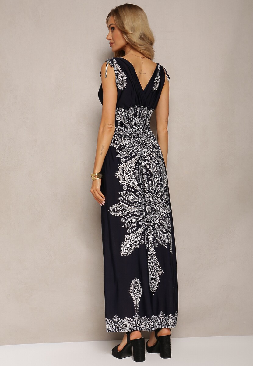 Granatowa Sukienka z Ornamentalnym Wzorem Sznurkami Przy Ramionach i Gumką w Talii Alerada