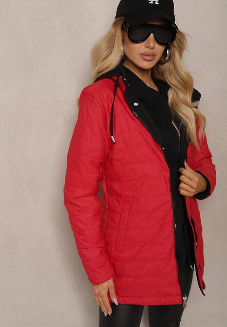 Czarno-Czerwona Kurtka Parka Dwustronna z Regulowanymi Rękawami i Odpinanym Kapturem Deneria