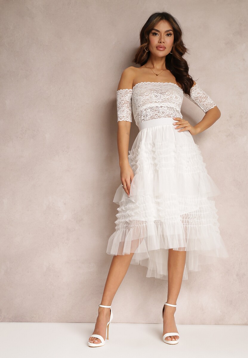 Biała Koronkowa Bluzka z Opuszczonymi Rękawami Haas