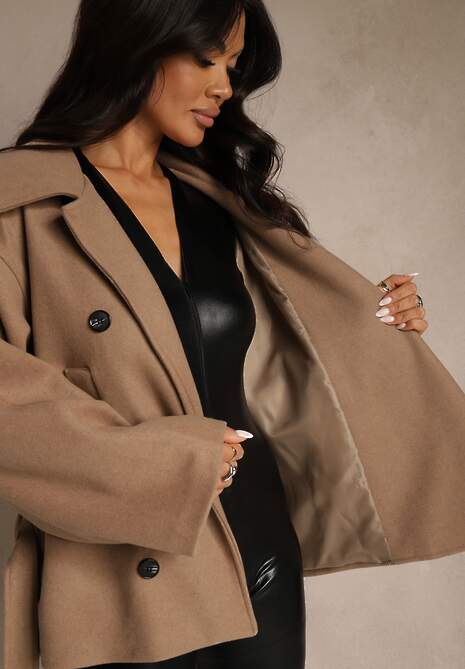 Beżowy Pudełkowy Krótki Płaszcz z Wiskozą z Wiązanym Paskiem i Kołnierzykiem Tusainea