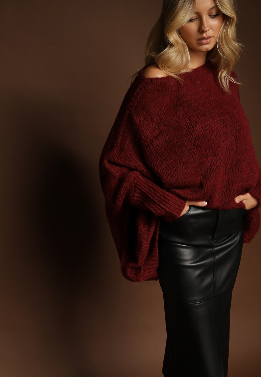 Bordowy Luźny Sweter Dzianinowy w Stylu Ponczo Nattava