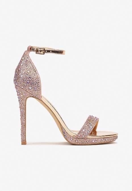 Szampańskie Klasyczne Sandały na Obcasie z Paseczkiem wokół Kostki Ozdobione Cyrkoniami i Brokatem Ezilya