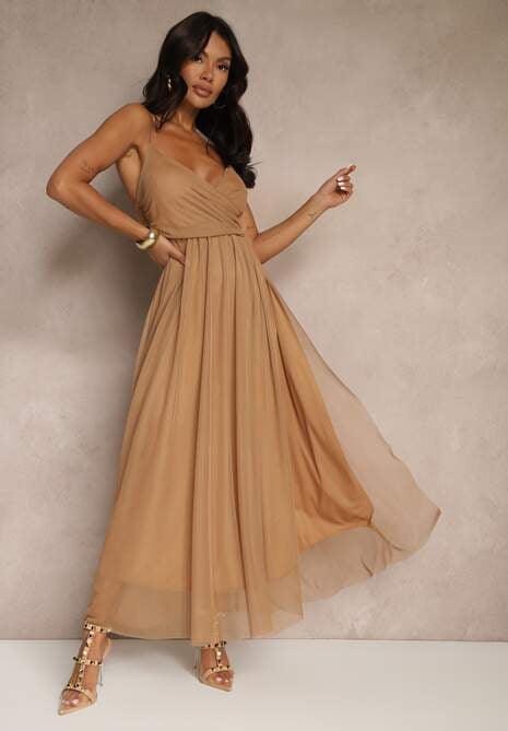 Ciemnobeżowa Sukienka Koktajlowa Ozdobiona Tiulowym Materiałem Deviora