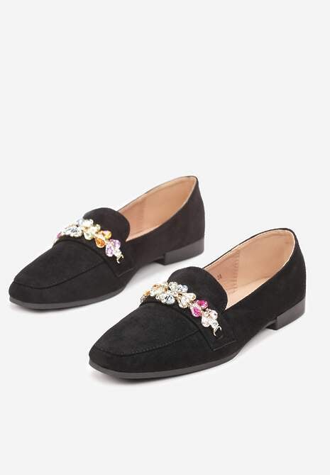 Czarne Mokasyny na Płaskiej Podeszwie z Ozdobą z Kryształków Peneda