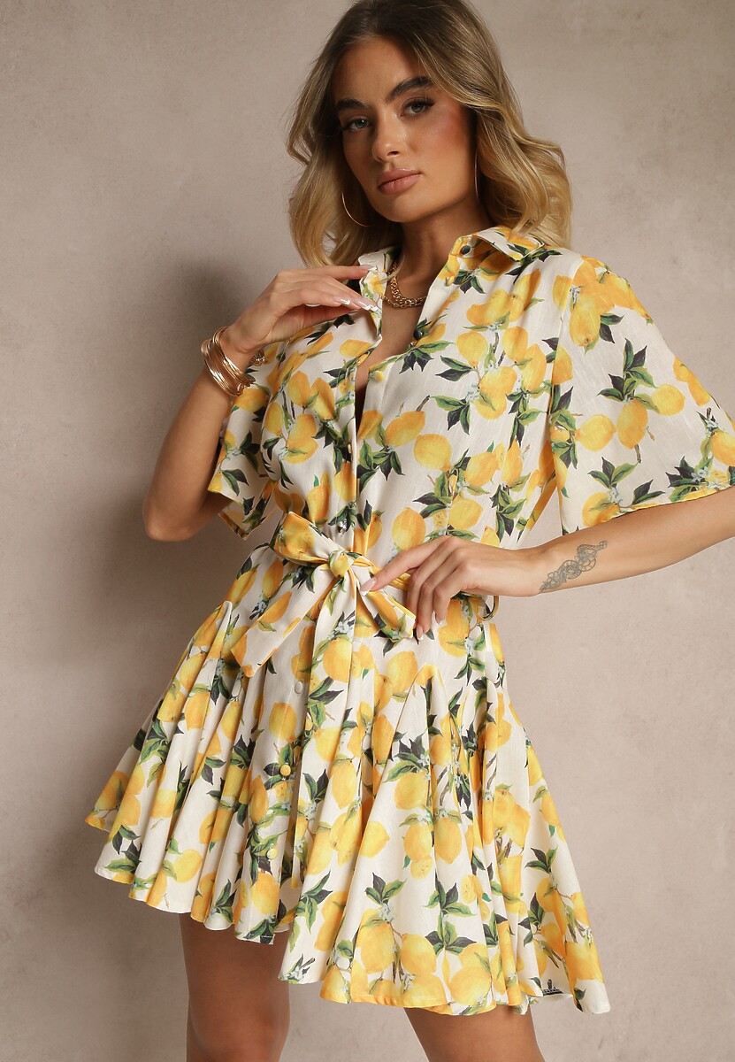 Beżowa Rozkloszowana Sukienka Koszulowa z Wiązanym Paskiem i Krótkim Rękawem Lavialane