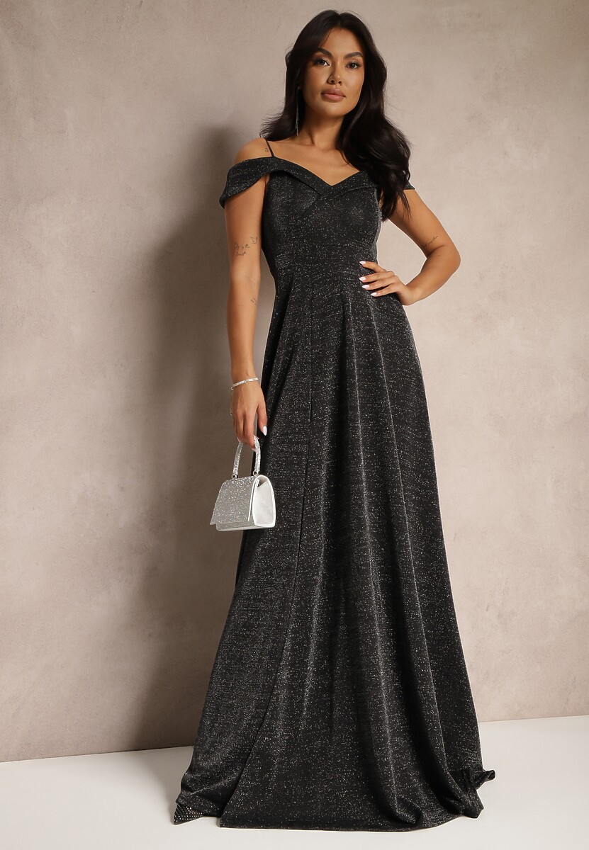 Czarna Koktajlowa Sukienka o Rozkloszowanym Kroju z Metaliczną Nicią Emilinea
