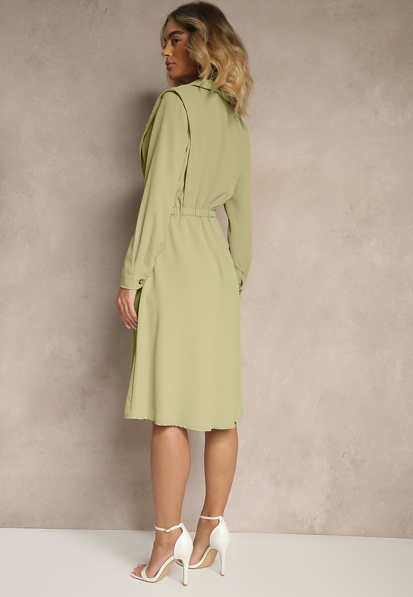 Ciemnozielona Koszulowa Sukienka z Gumką w Talii i Paskiem z Klamerką Jenele