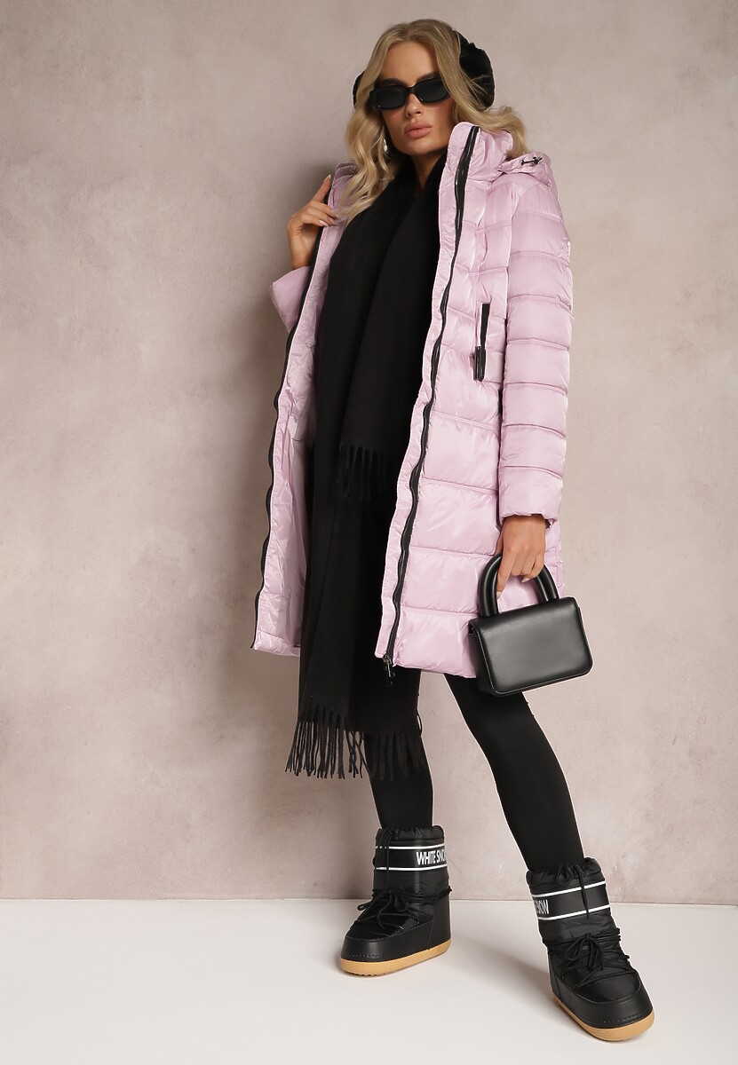 Fioletowa Kurtka Płaszcz z Poziomym Pikowaniem i Paskiem w Talii Nondra