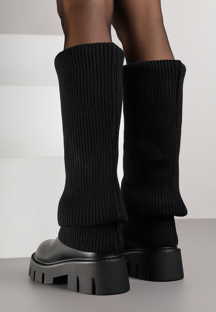 Czarne Kozaki Chunky z Dzianinową Cholewką Imitującą Nogawkę Fenema