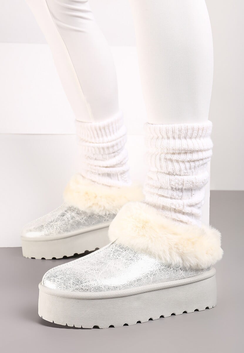 Srebrne Krótkie Śniegowce Wsuwane na Grubej Podeszwie Ozdobione Futerkiem Azida