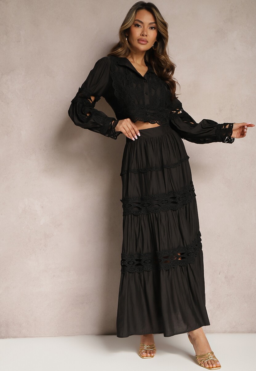 Czarny Ażurowy Komplet z Wiskozy Rozkloszowana Spódnica i Bluzka ze Stójką Cassindra