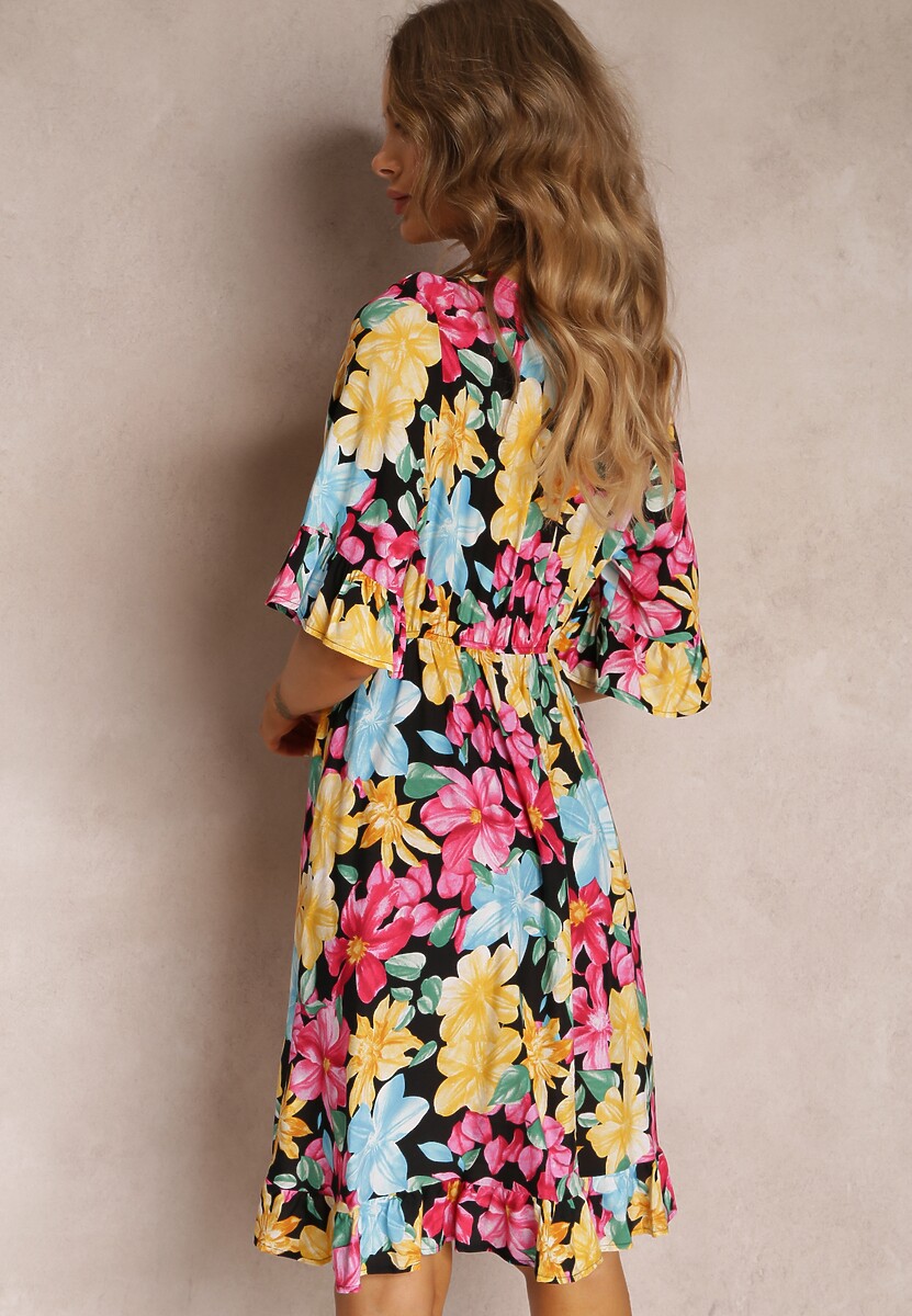 Czarno-Żółta Rozkloszowana Sukienka Mini z Kopertową Górą i Gumką w Talii z Wiskozy Elidi