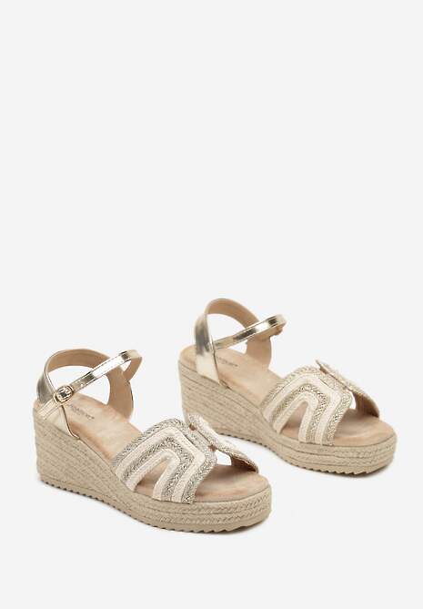 Złote Sandały na Koturnie Zdobione Metaliczną Nicią Zapinane Wokół Kostki Tulolia