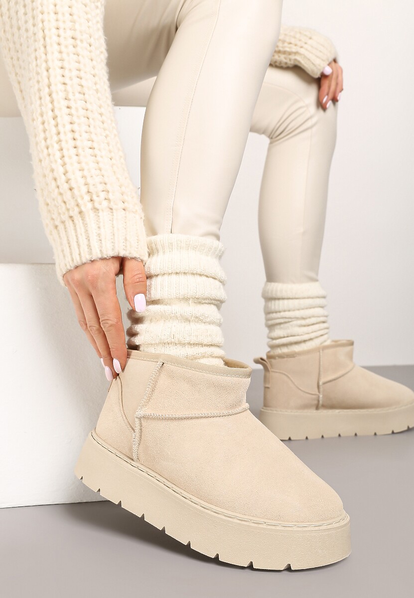 Beżowe Niskie Śniegowce ze Skóry Naturalnej Mocno Ocieplane Rialithe