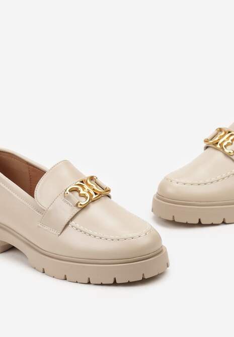 Beżowe Eleganckie Mokasyny Ozdobione Klamerką i Przeszyciem z Przodu Nastra