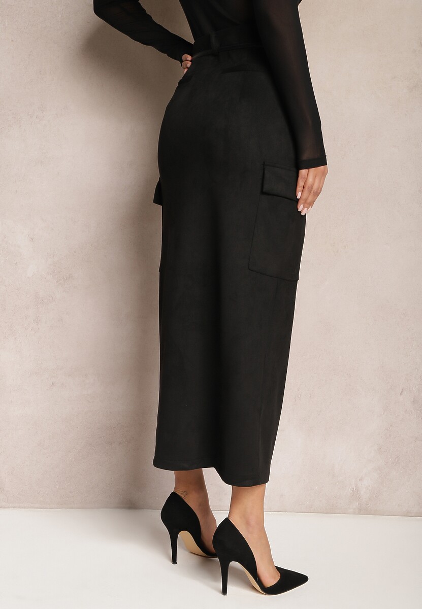 Czarna Maxi Spódnica z Dzianiny z Ozdobnym Rozcięciem i Kieszeniami Arirpe