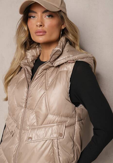 Beżowa Pikowana Kamizelka z Troczkami i Odpinanym Kapturem Arrelarra