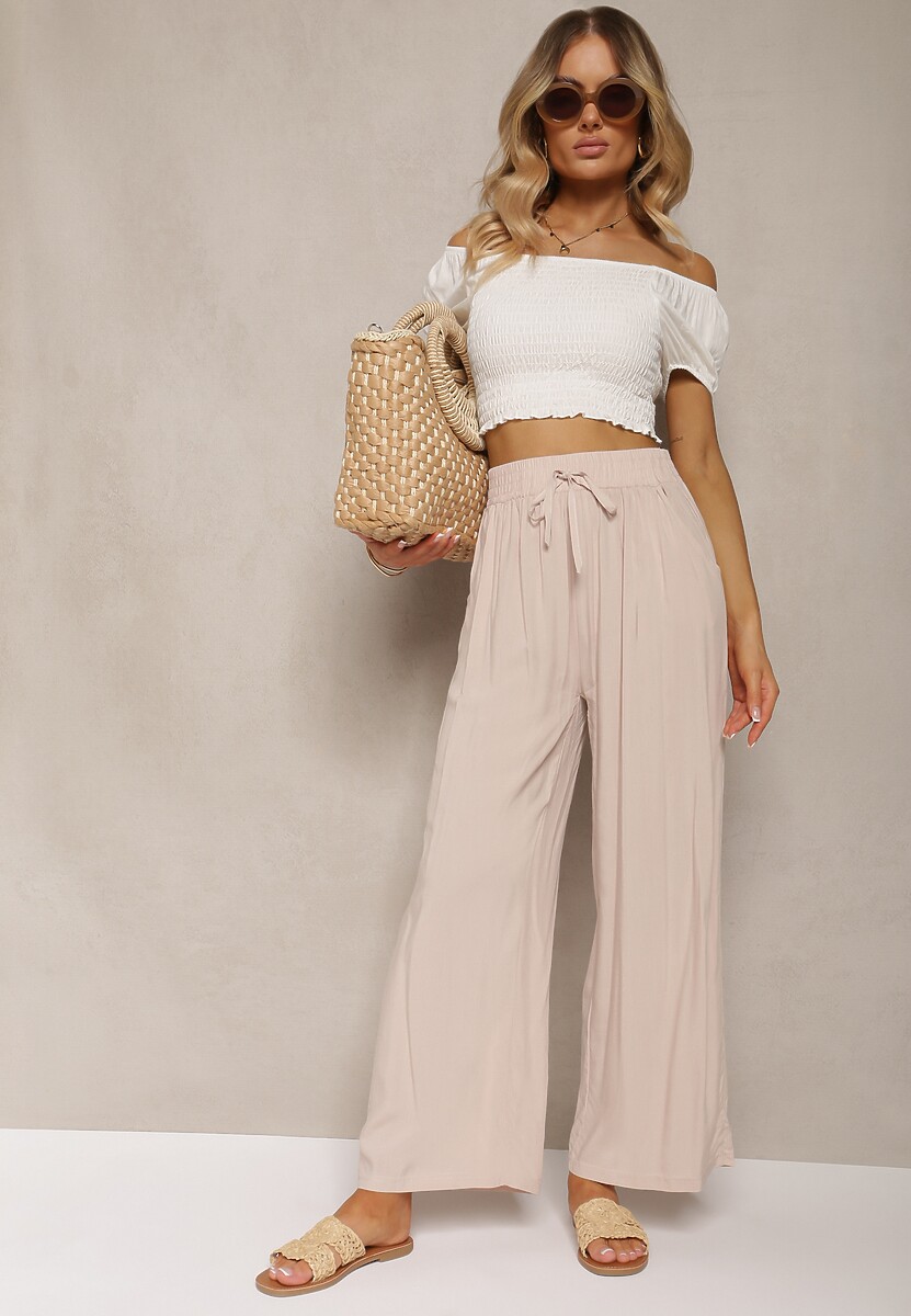 Jasnobeżowe Bawełniane Spodnie Palazzo High Waist z Gumką w Pasie Gitanea