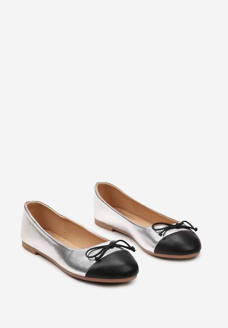 Srebrne Klasyczne Balerinki z Okrągłym Przodem i Kokardką Engobe