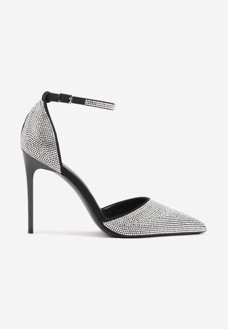 Czarne Szpilki Zdobione Cyrkoniami i Paskiem z Klamerką Eweda