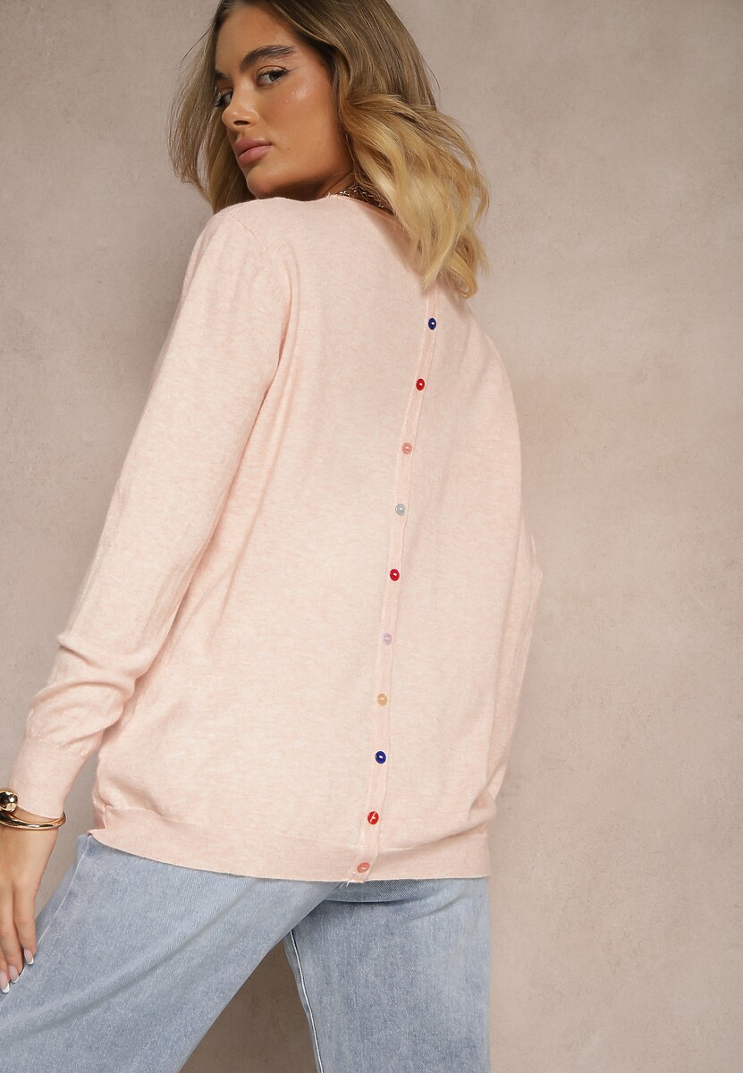 Jasnoróżowy Sweter z Kaszmirem Ozdobiony Kieszeniami Saniswena