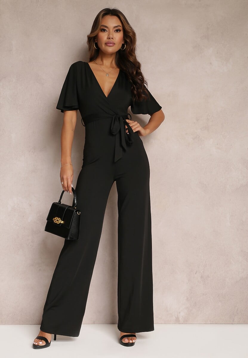 Granatowy Długi Kombinezon z Wiązaniem i Głębokim Kopertowym Dekoltem Sumya