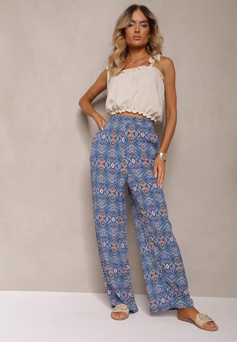 Zielone Bawełniane Spodnie w Abstrakcyjny Wzór z Wysokim Stanem i Gumką w Talii Lilliah