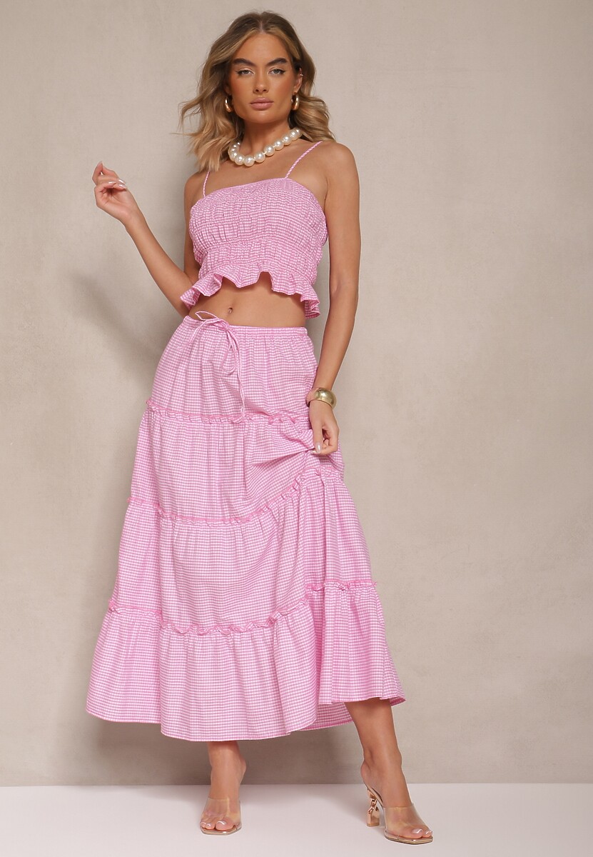 Fuksjowy Komplet z Bawełny w Kratkę Vichy Top i Spódnica z Falbankami Frosirae