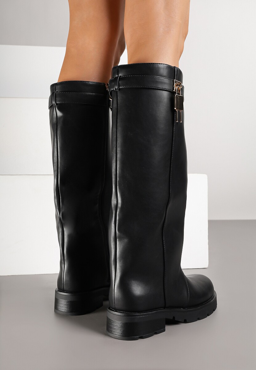 Czarne Kozaki z Imitacją Nakładkowej Cholewki i Aplikacją Nallara