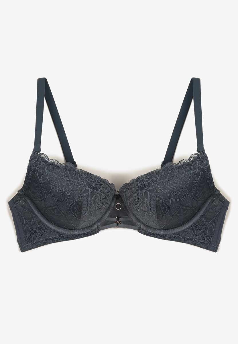 Granatowy Elegancki Biustonosz Miseczka C z Koronką i Zapięciem na Haftki Mairiel