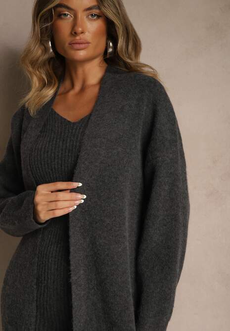 Ciemnoszary Dzianinowy Komplet z Wełną Prążkowana Sukienka i Długi Kardigan Falonessa