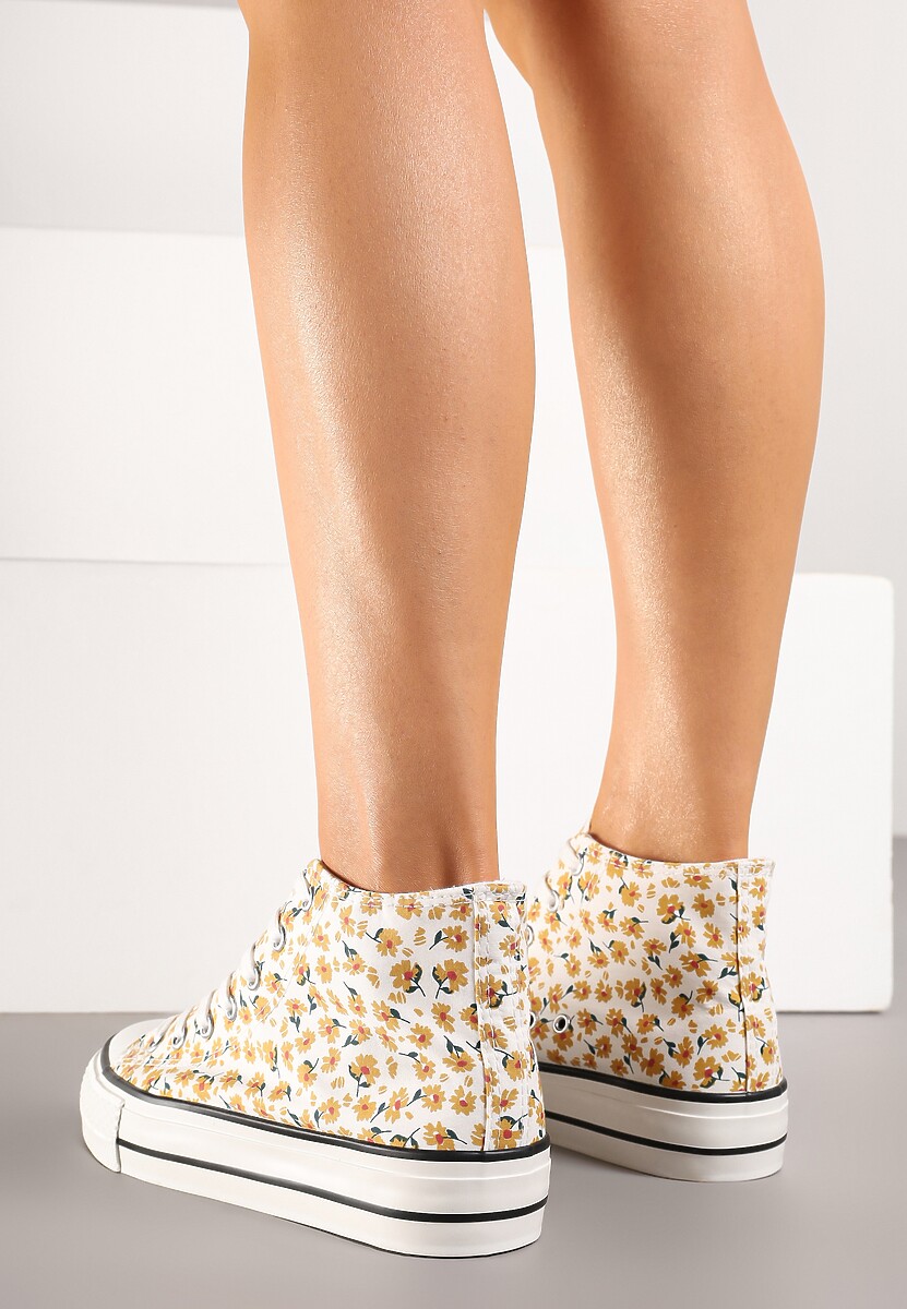Żółte Trampki z Wysoką Cholewką Zdobione Kwiatowym Printem Folellia