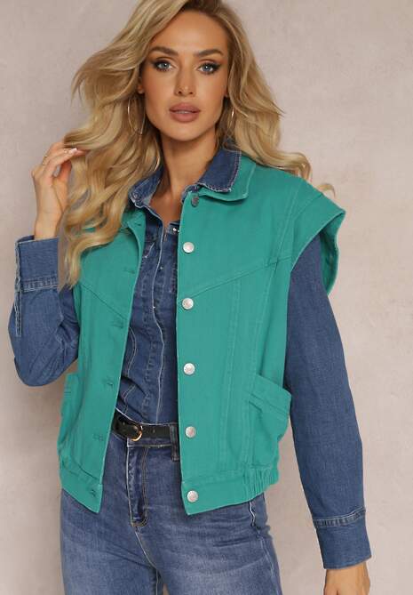 Zielona Jeansowa Kamizelka z Bawełny Zapinana na Guziki z Kieszeniami Yevani