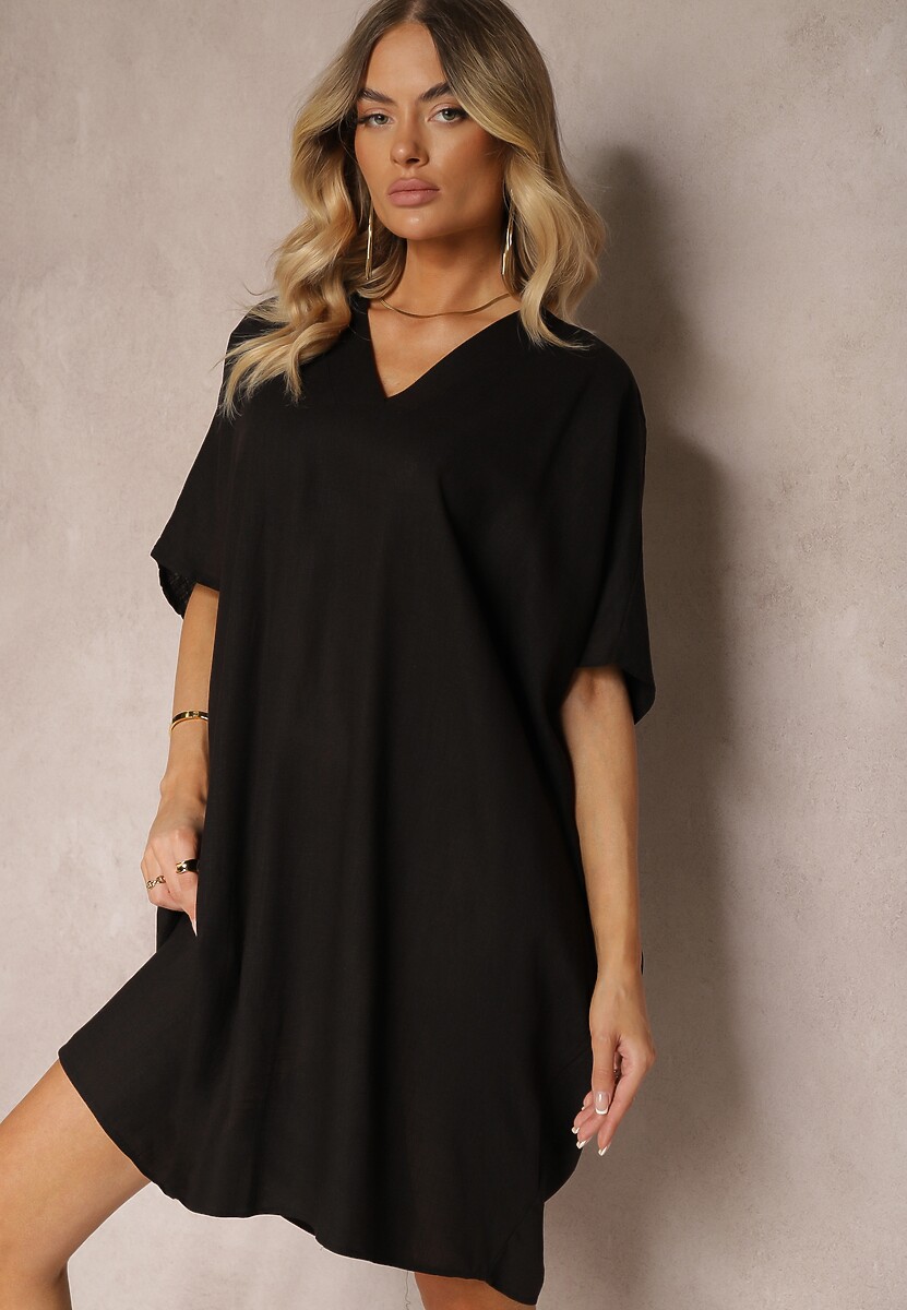 Biała Pudełkowa Sukienka z Bawełny z Krótkim Rękawem i Trójkątnym Dekoltem Vikana