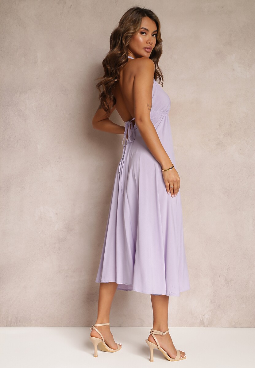 Fioletowa Sukienka Midi z Wiskozy i Wiązaniem na Szyi Alleve