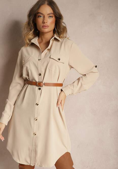 Beżowa Koszulowa Sukienka Ozdobiona Paskiem i Rękawem z Regulacją Esaviona