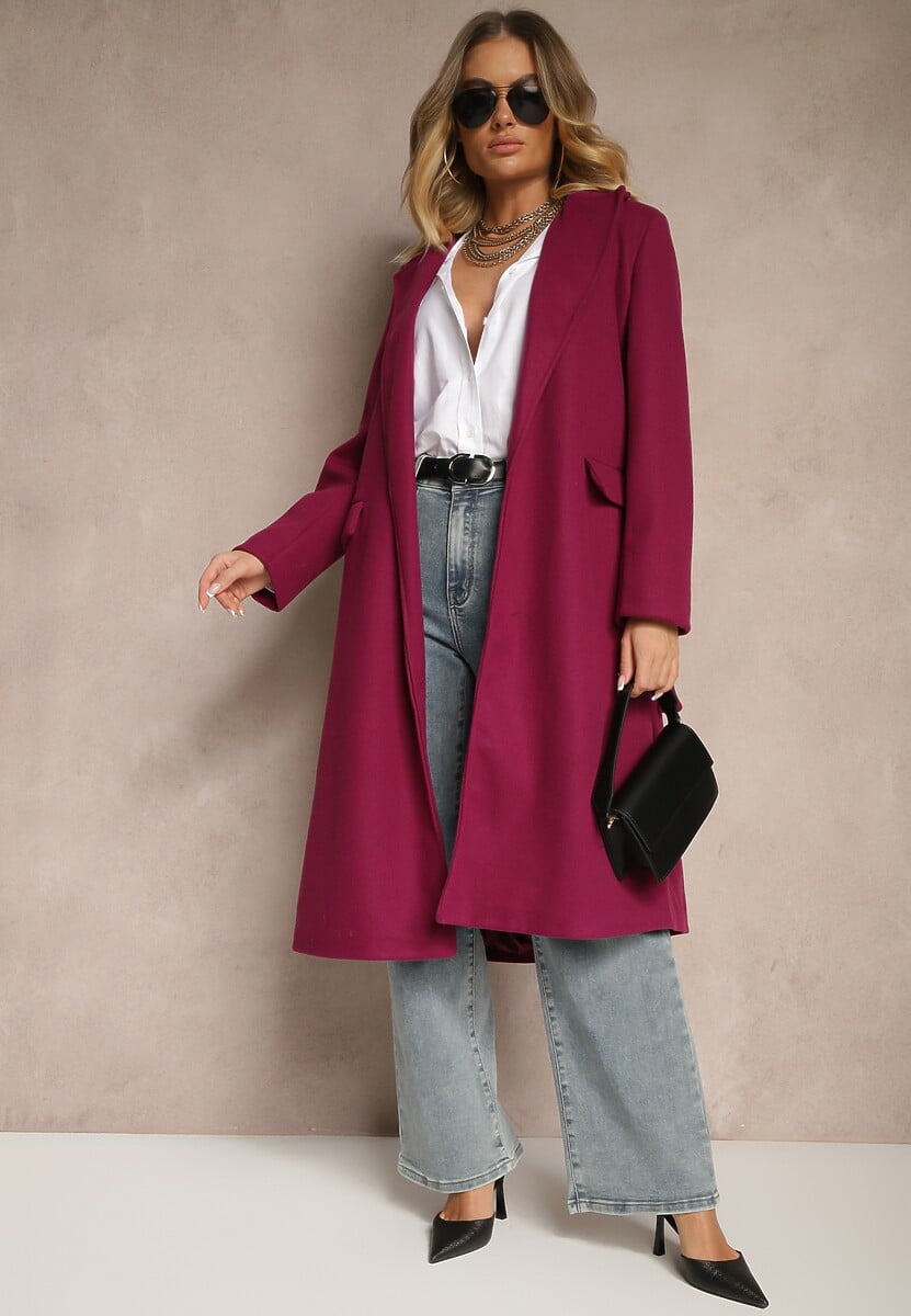 Fioletowy Taliowany Płaszcz z Wiązanym Paskiem Seraphique