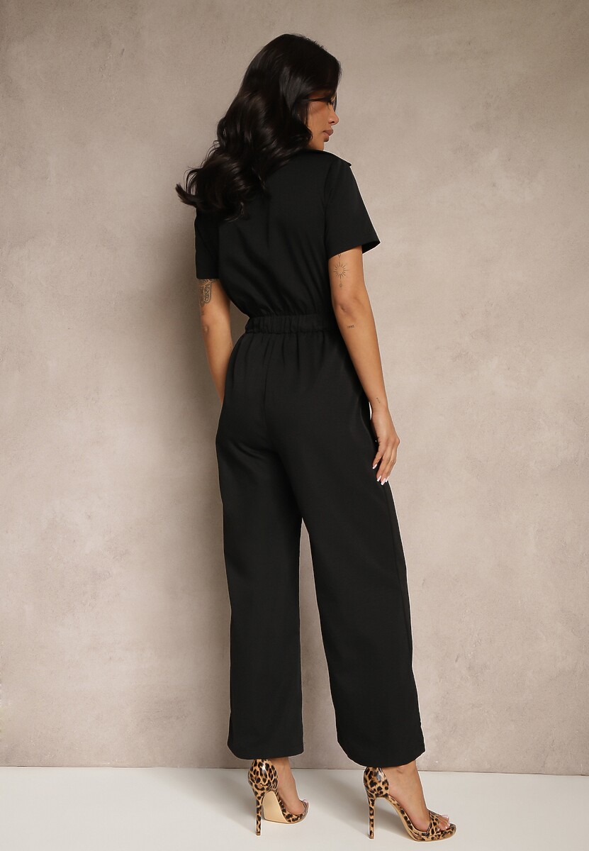 Czarny Kombinezon Wide Leg z Kołnierzykiem Suwakiem i Krótkim Rękawem Jenaralitia