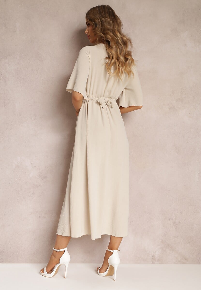 Beżowa Rozkloszowana Sukienka Maxi z Szerokim Rękawem i Gumką w Pasie Sador