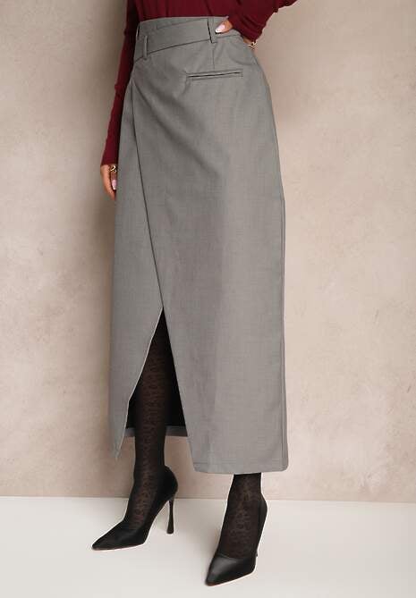 Ciemnoszara Maxi Spódnica Kopertowa z Rozcięciem o Asymetrycznym Fasonie Atenirs