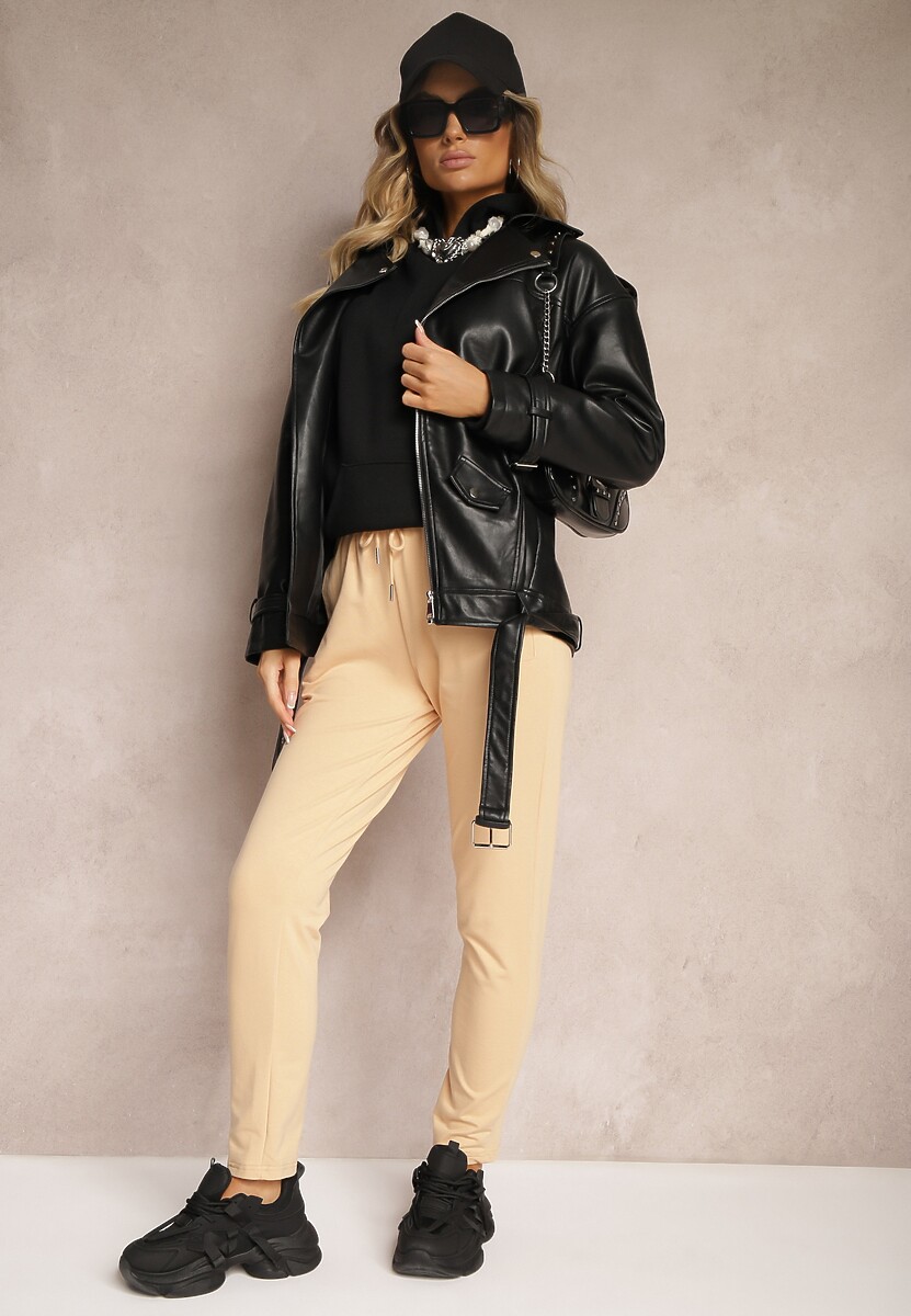 Beżowe Casualowe Spodnie z Bawełny High Waist z Gumką w Pasie Beliefra