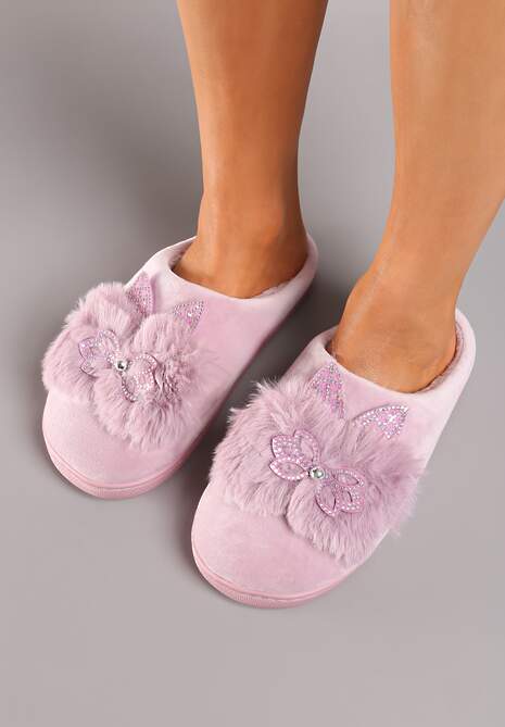 Jasnofioletowe Kapcie na Płaskiej Podeszwie z Cyrkoniami i Futerkiem Dezilie