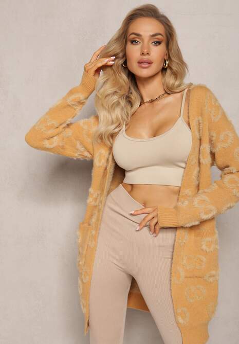 Ciemnobeżowy Jednolity Kardigan w Cętki Niezapinany Raniwasa