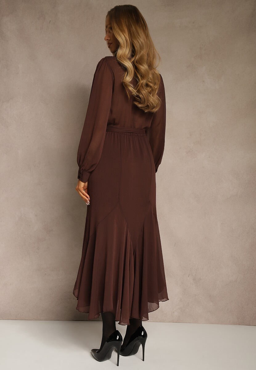 Brązowa Romantyczna Sukienka z Bufiastymi Rękawami i Falbanką z Koronki Sewmira