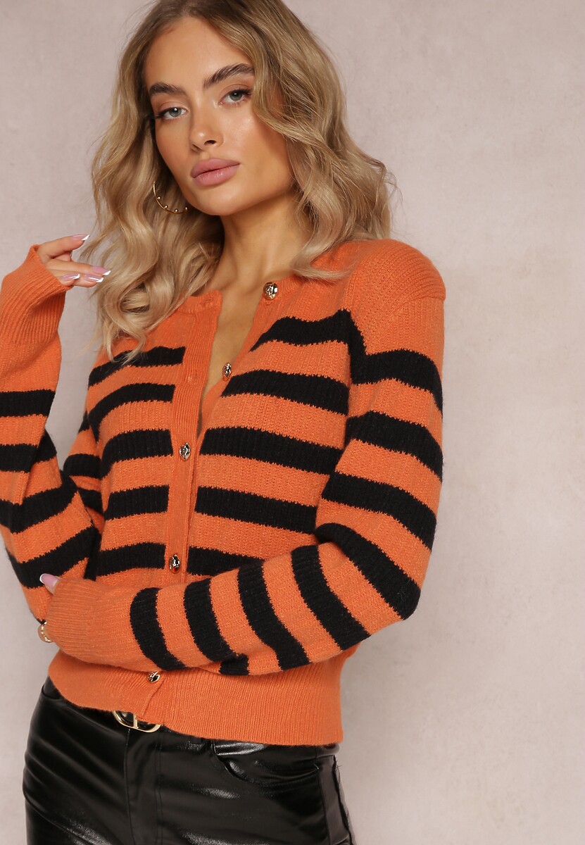 Pomarańczowy Luźny Krótki Kardigan Zapinany na Guziki w Paski Abburra