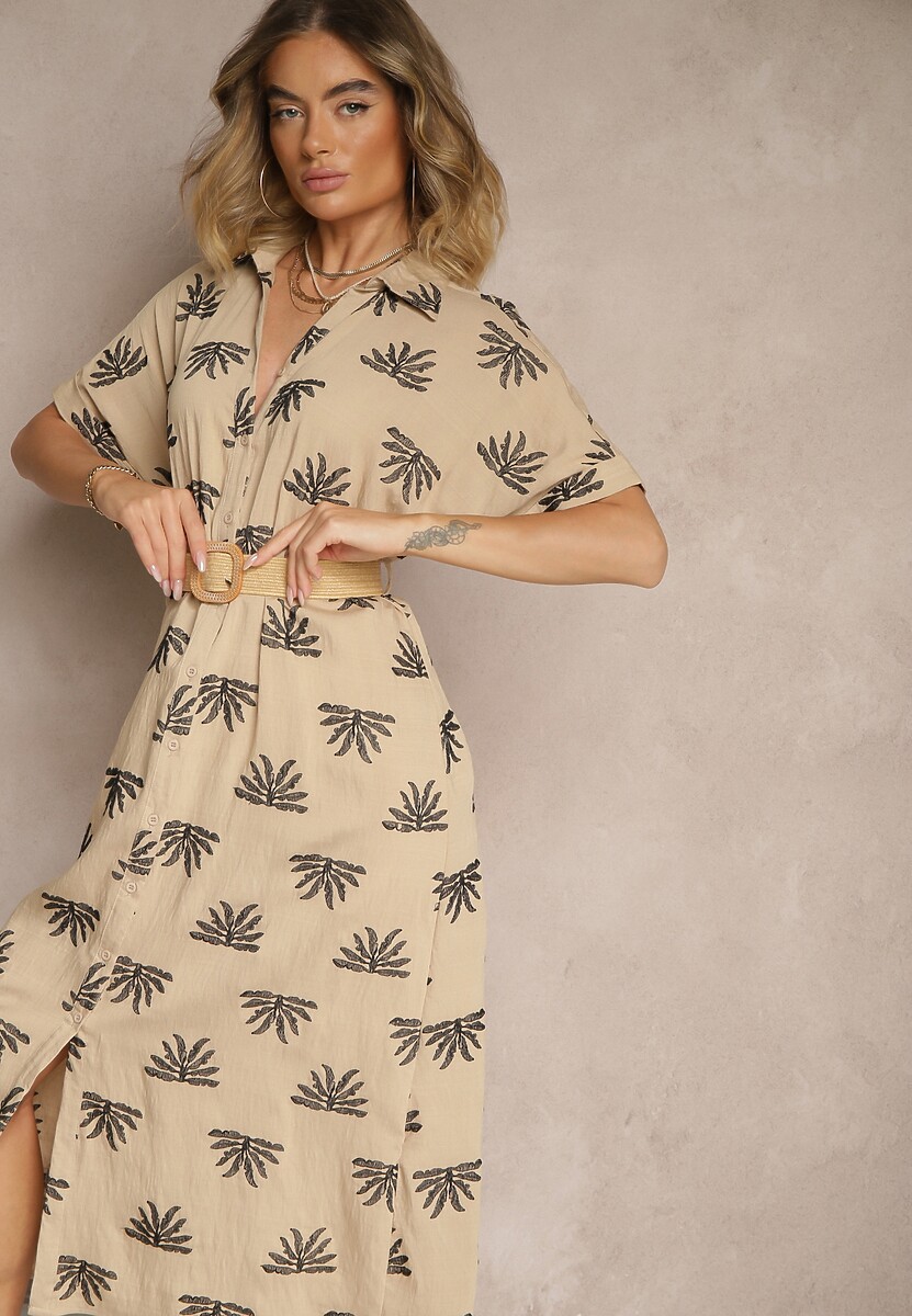 Granatowa Wiskozowa Sukienka o Koszulowym Kroju z Haftem i Paskiem z Klamrą Lioessa